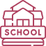 Neon pink school building icon on black.