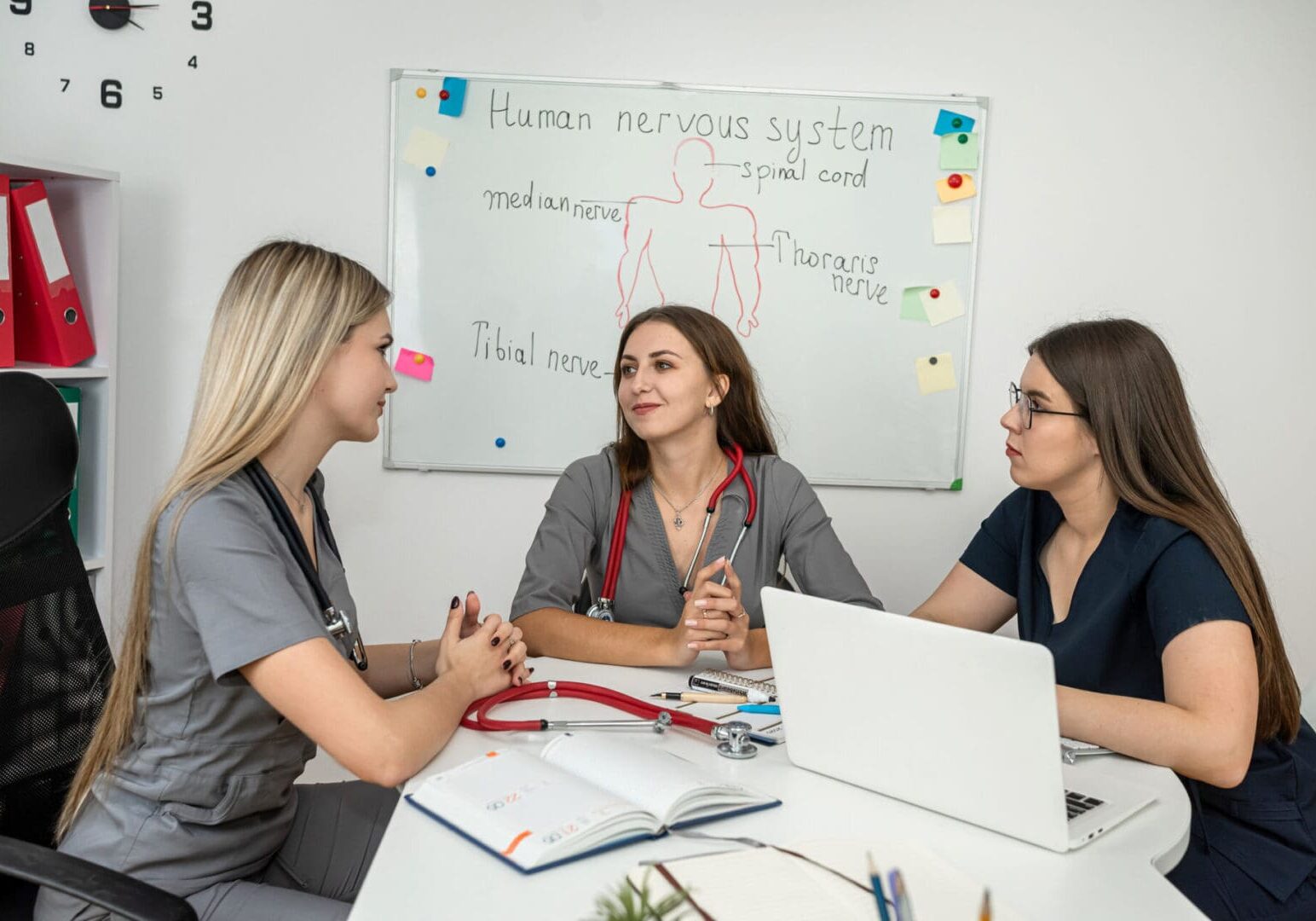 Three medical professionals discussing nervous system diagram.
